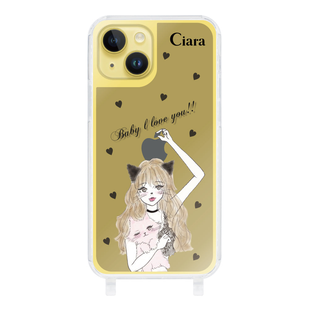 iPhone14Plusケース ストラップクリアケース ブラックキャットガール ブラック