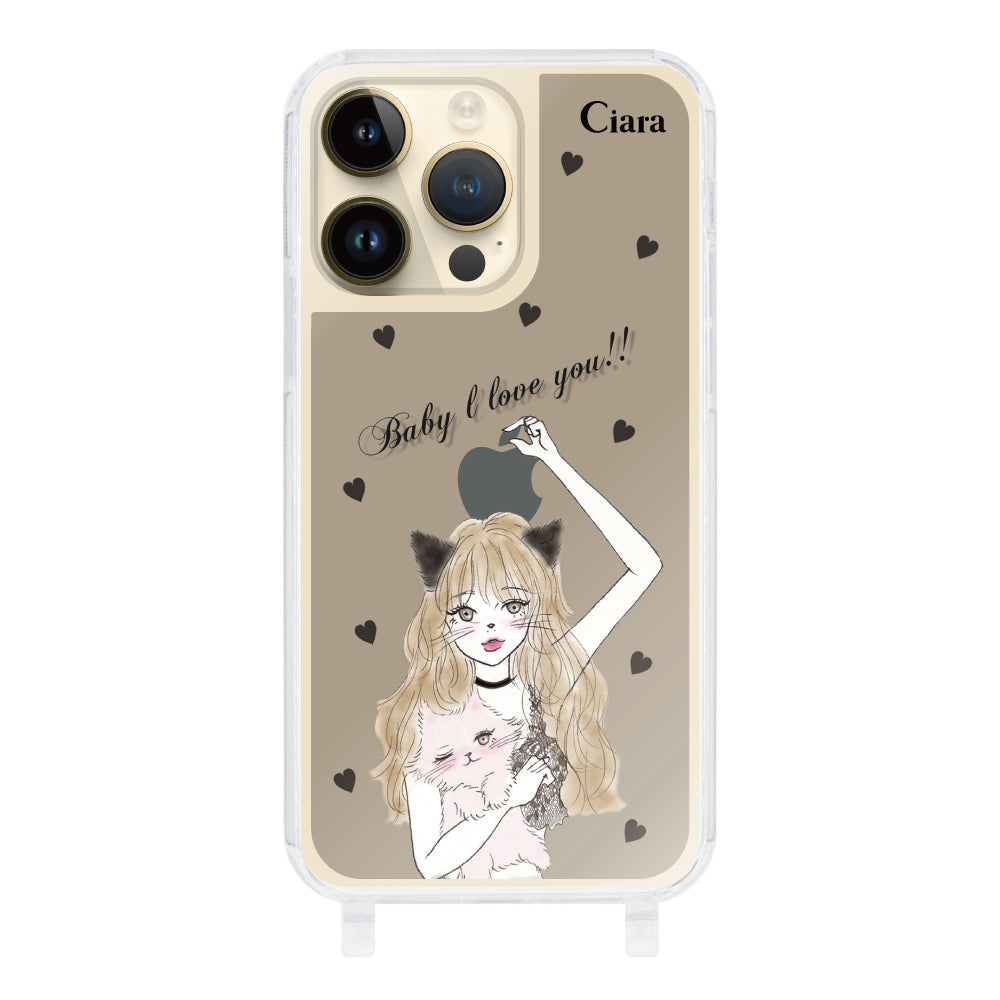 iPhone14Proケース ストラップクリアケース ブラックキャットガール ブラック