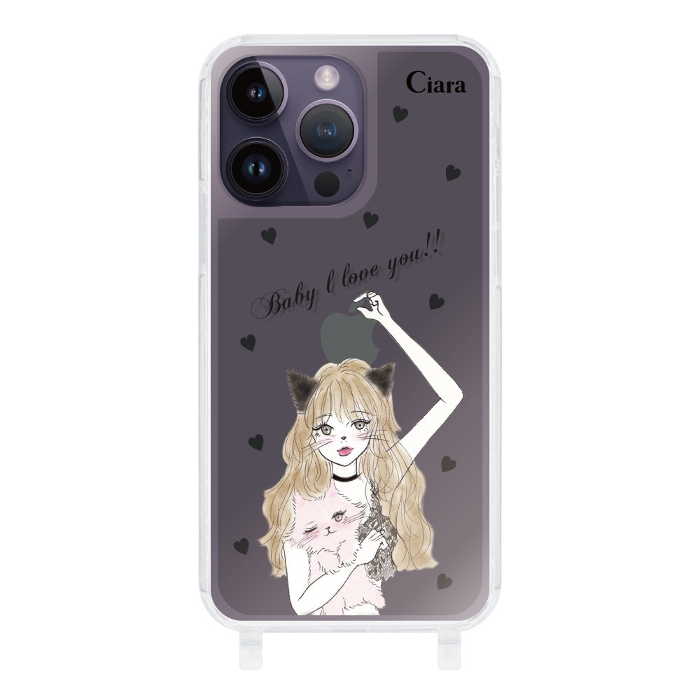 iPhone14ProMaxケース ストラップクリアケース ブラックキャットガール ブラック