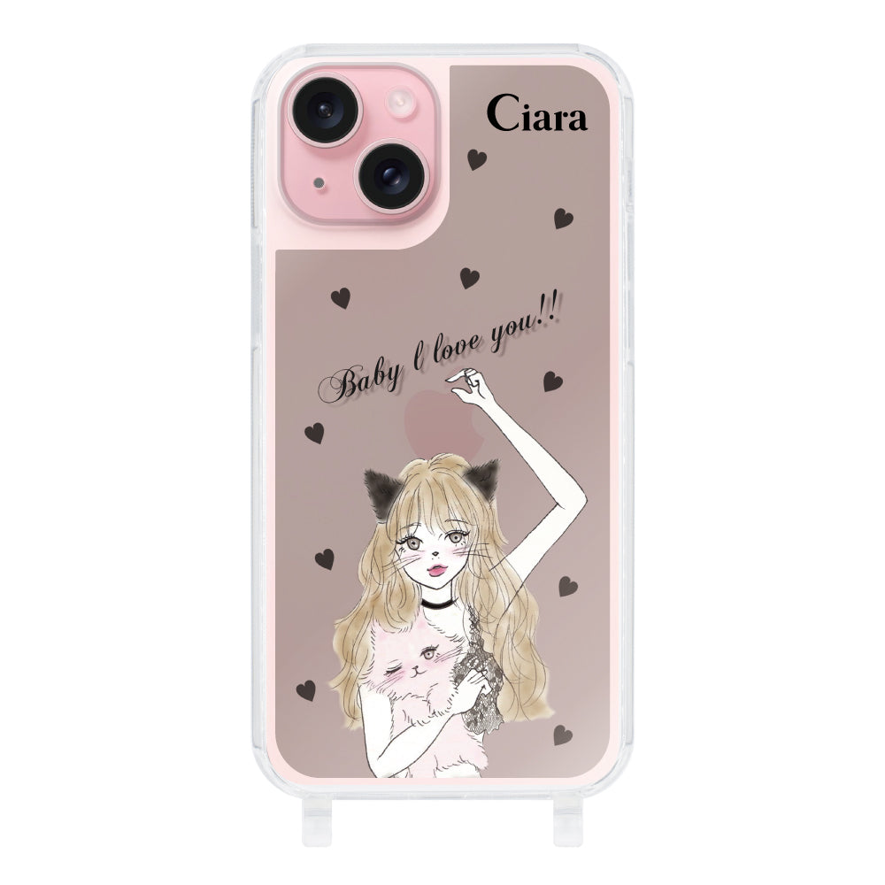 iPhone15ケース ストラップクリアケース ブラックキャットガール ブラック