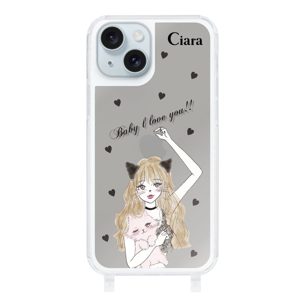 iPhone15Plusケース ストラップクリアケース ブラックキャットガール ブラック