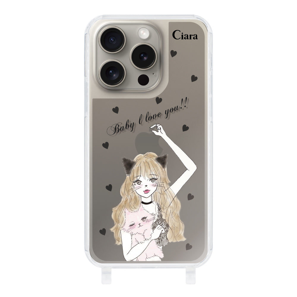 iPhone15Proケース ストラップクリアケース ブラックキャットガール ブラック