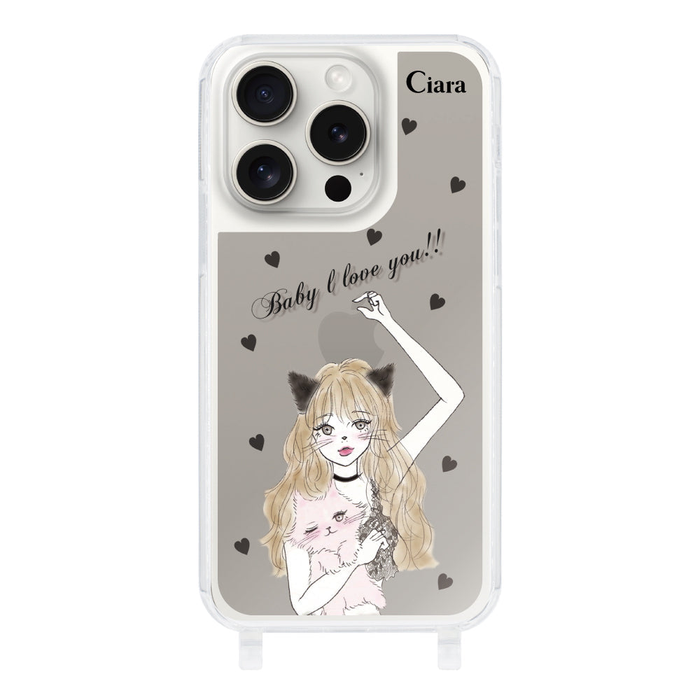 iPhone15ProMaxケース ストラップクリアケース ブラックキャットガール ブラック
