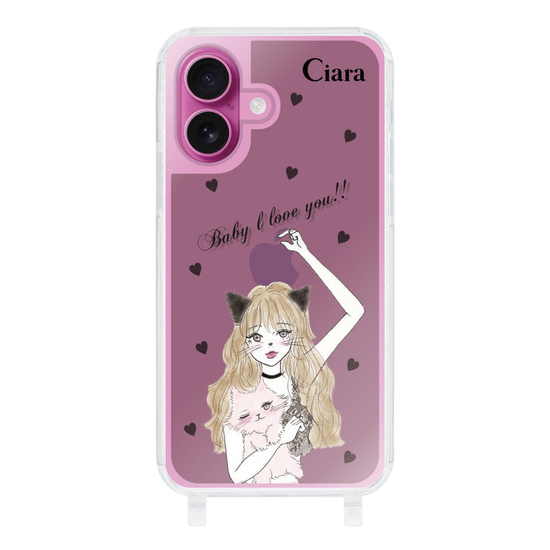 iPhoneケース ストラップクリアケース ブラックキャットガール
