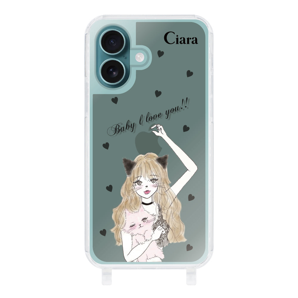 iPhone16Plusケース ストラップクリアケース ブラックキャットガール ブラック
