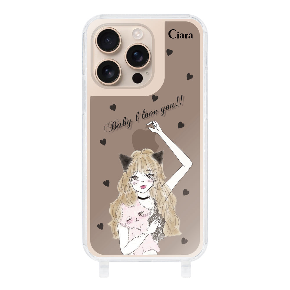 iPhone16Proケース ストラップクリアケース ブラックキャットガール ブラック