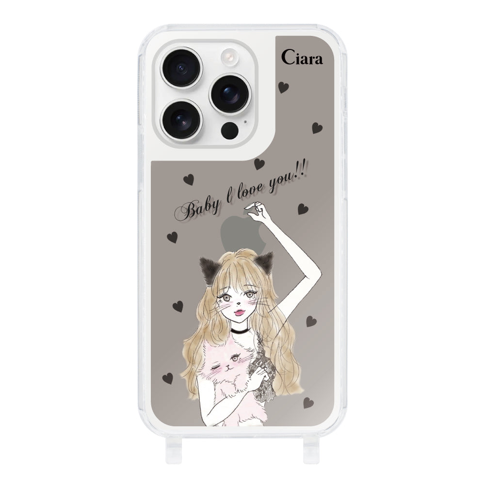 iPhone16ProMaxケース ストラップクリアケース ブラックキャットガール ブラック