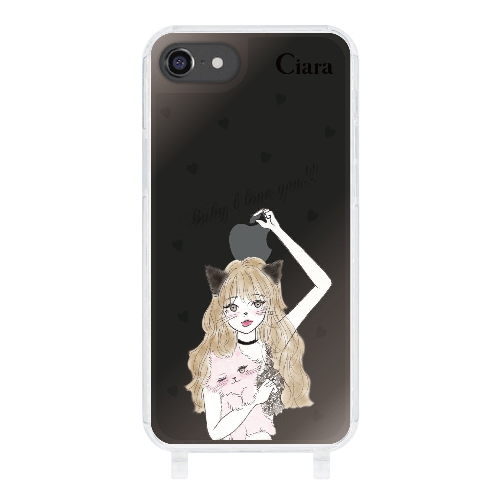 iPhone7/8ケース ストラップクリアケース ブラックキャットガール ブラック