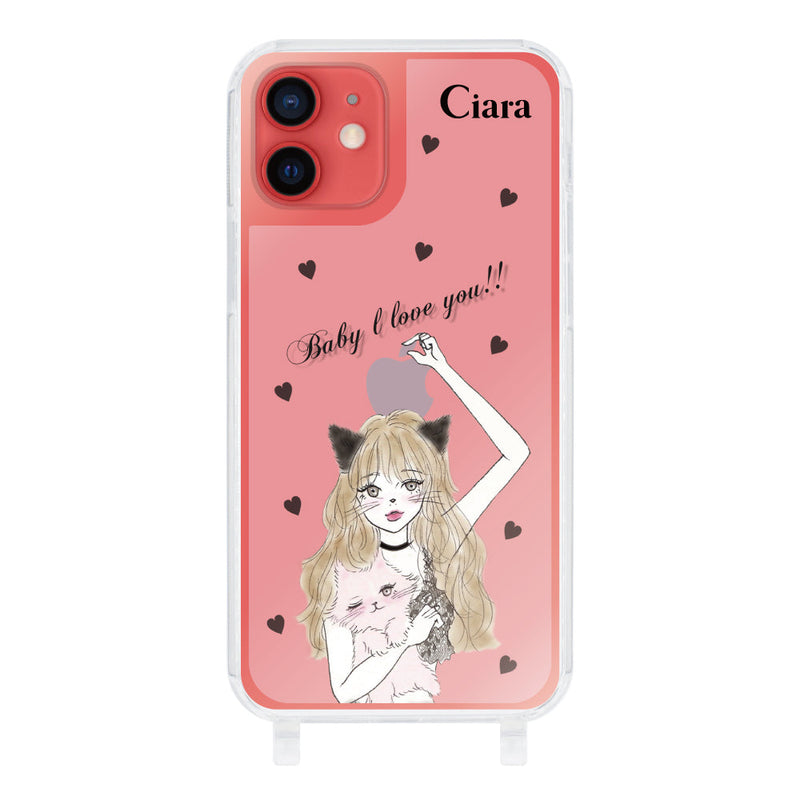 iPhoneケース ストラップクリアケース ブラックキャットガール