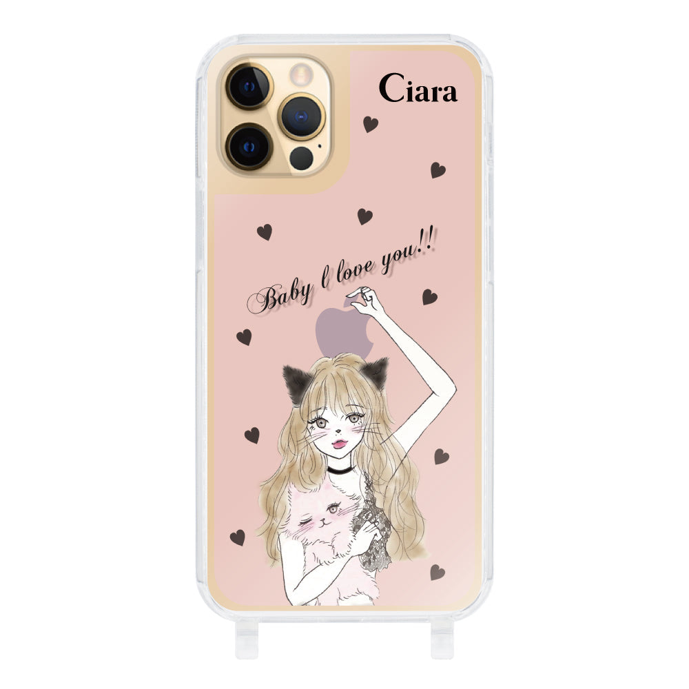 iPhone11Proケース ストラップクリアケース ブラックキャットガール ピンク