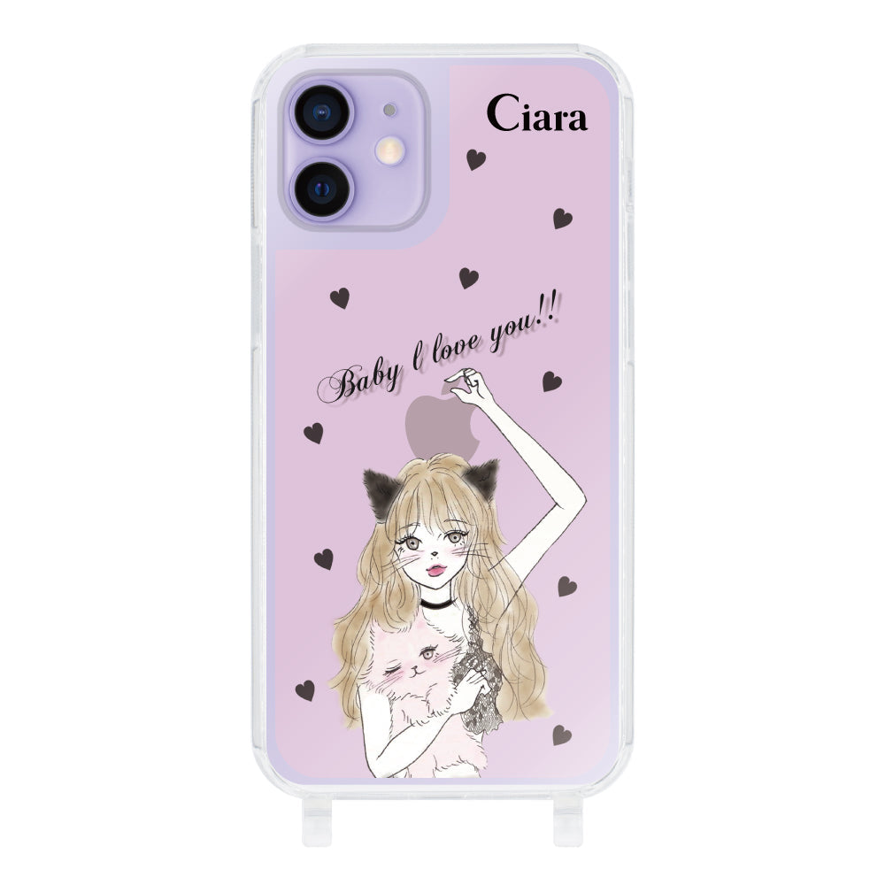 iPhone12/12Proケース ストラップクリアケース ブラックキャットガール ピンク