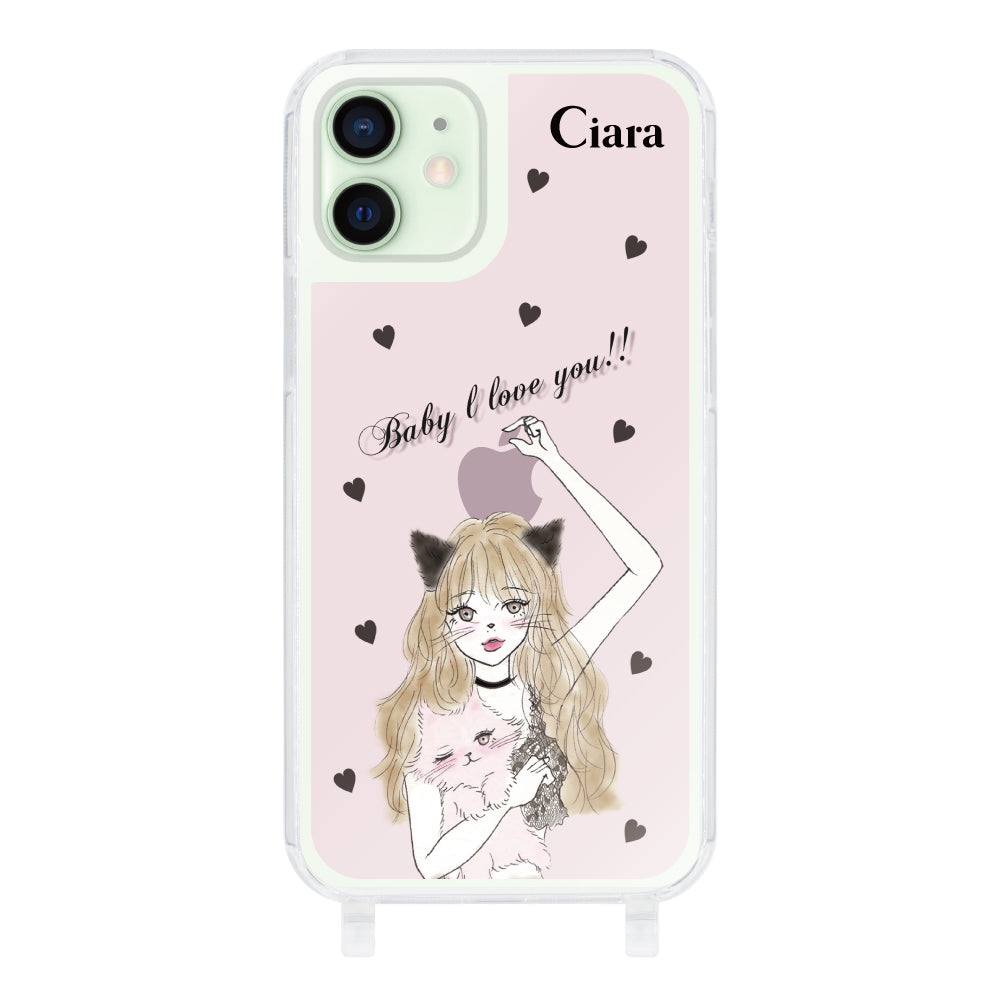 iPhone12miniケース ストラップクリアケース ブラックキャットガール ピンク