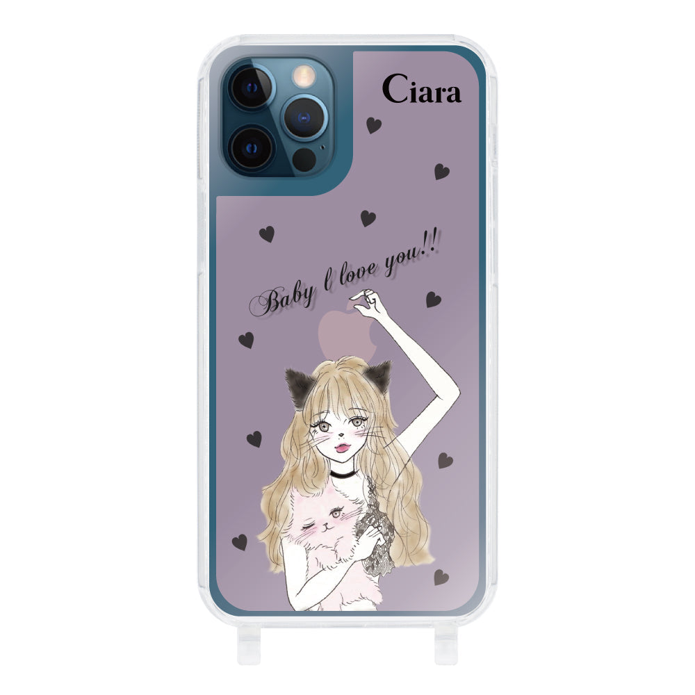iPhone12ProMaxケース ストラップクリアケース ブラックキャットガール ピンク