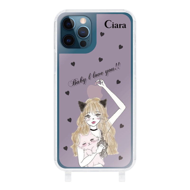 iPhoneケース ストラップクリアケース ブラックキャットガール