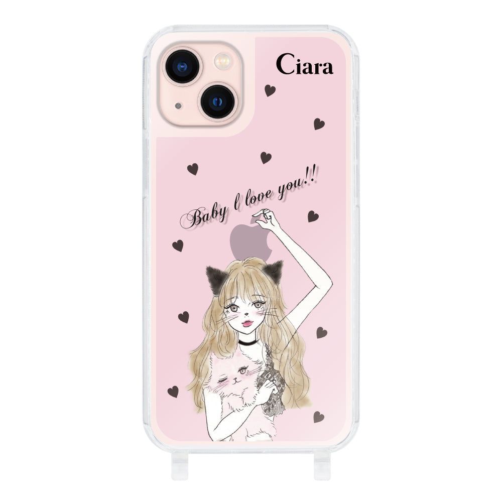 iPhone13ケース ストラップクリアケース ブラックキャットガール ピンク