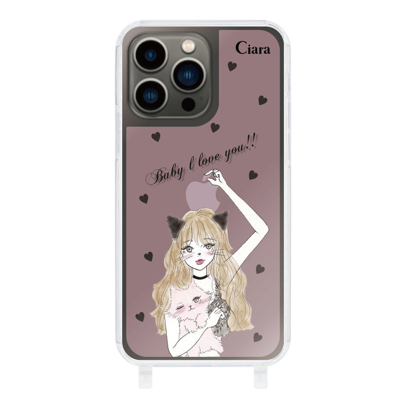 iPhoneケース ストラップクリアケース ブラックキャットガール