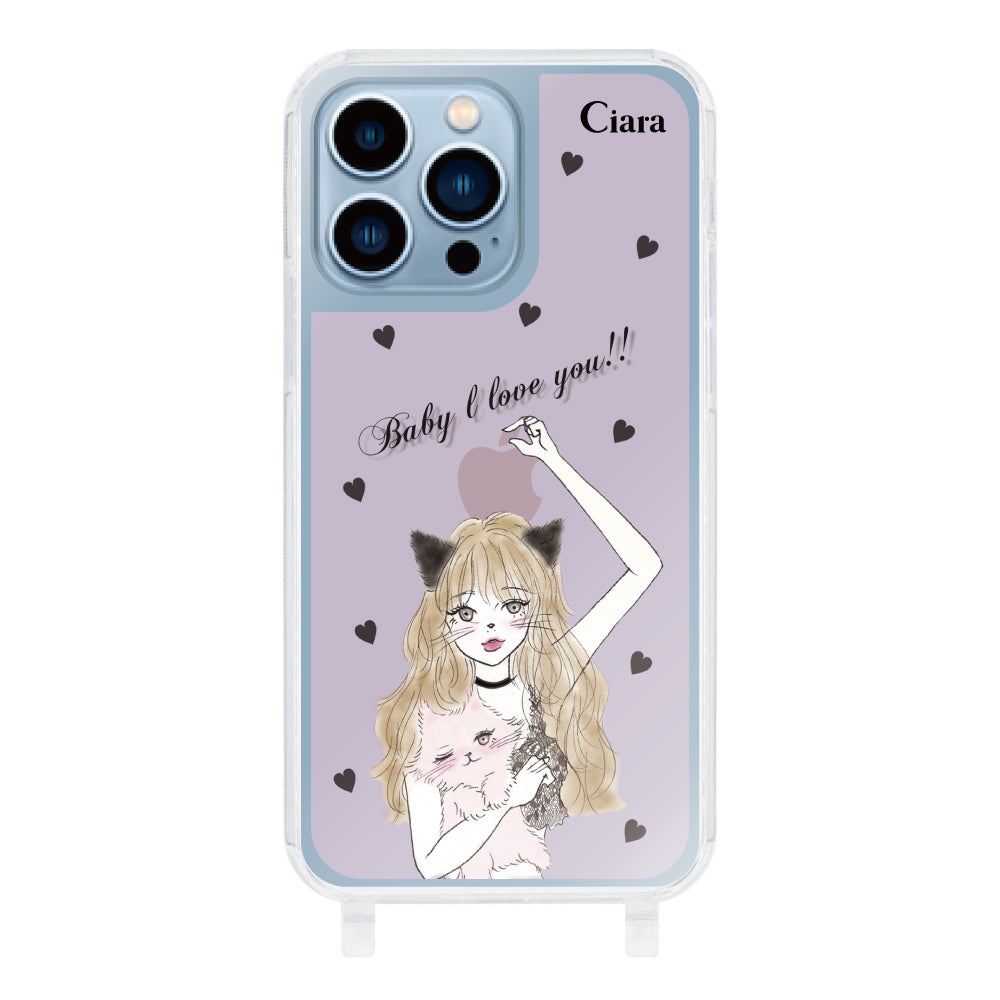 iPhone13ProMaxケース ストラップクリアケース ブラックキャットガール ピンク
