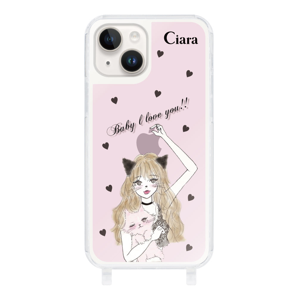 iPhone14ケース ストラップクリアケース ブラックキャットガール ピンク