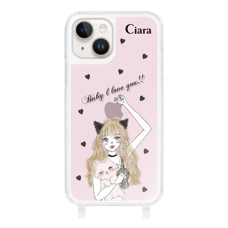 iPhoneケース ストラップクリアケース ブラックキャットガール