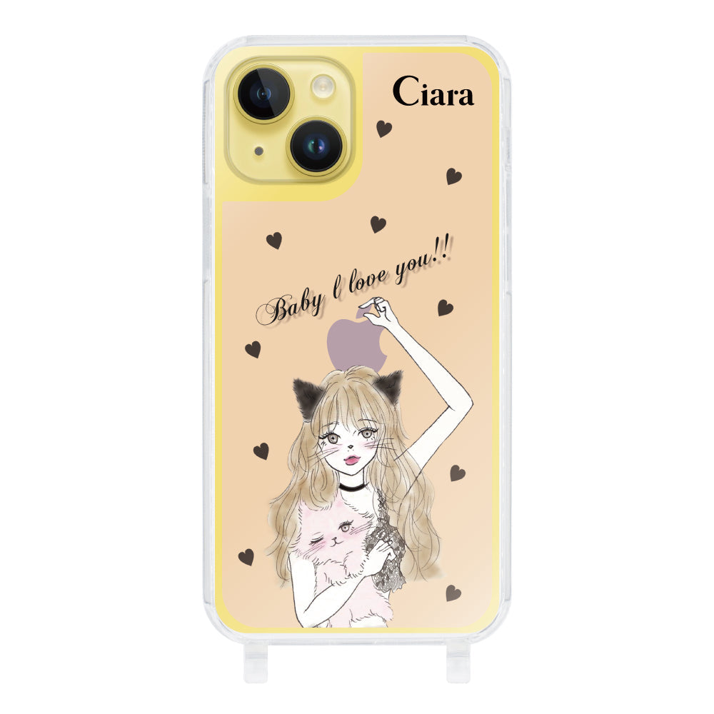 iPhone14Plusケース ストラップクリアケース ブラックキャットガール ピンク
