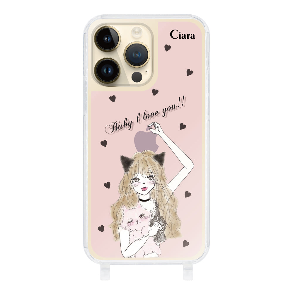 iPhone14Proケース ストラップクリアケース ブラックキャットガール ピンク