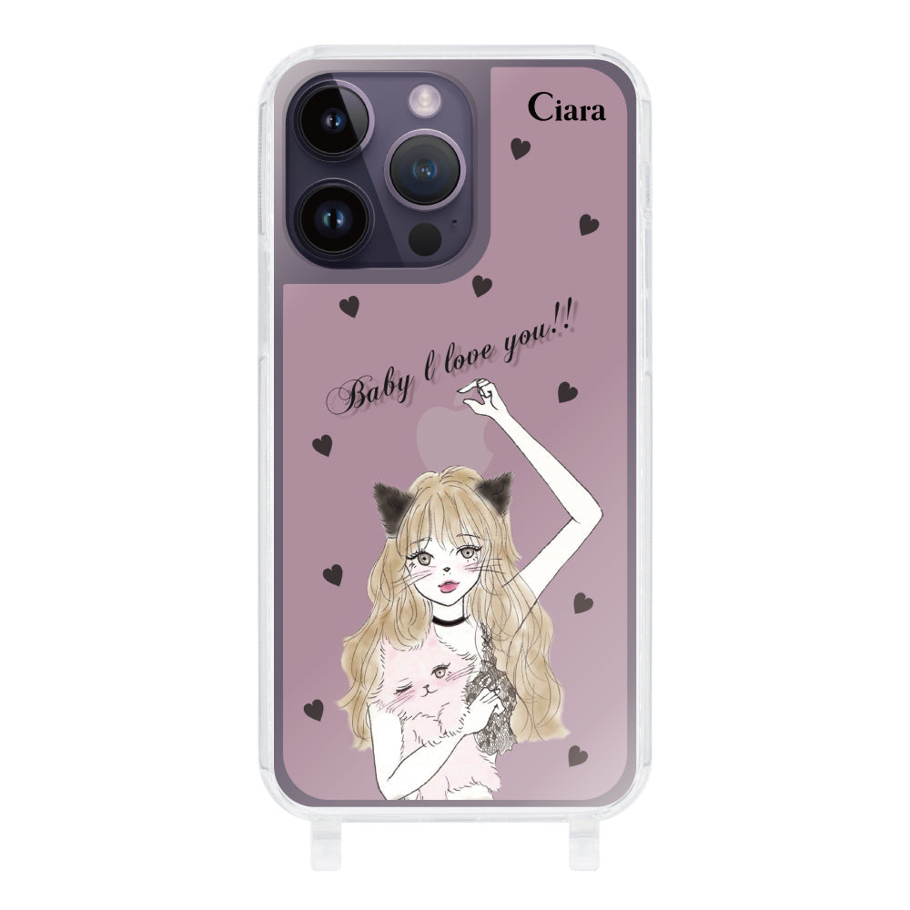 iPhone14ProMaxケース ストラップクリアケース ブラックキャットガール ピンク