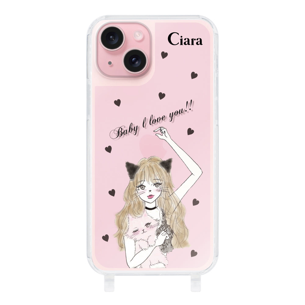 iPhone15ケース ストラップクリアケース ブラックキャットガール ピンク