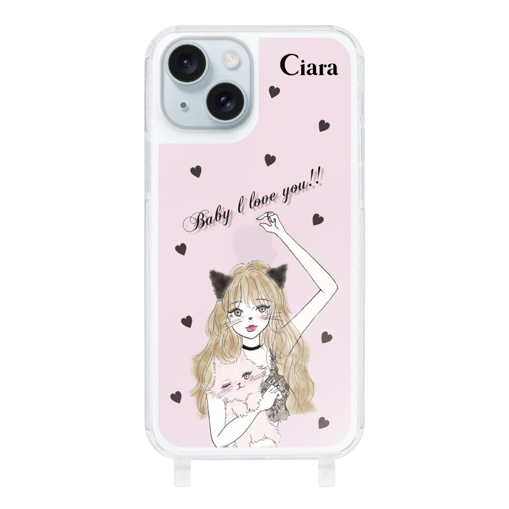 iPhone15Plusケース ストラップクリアケース ブラックキャットガール ピンク