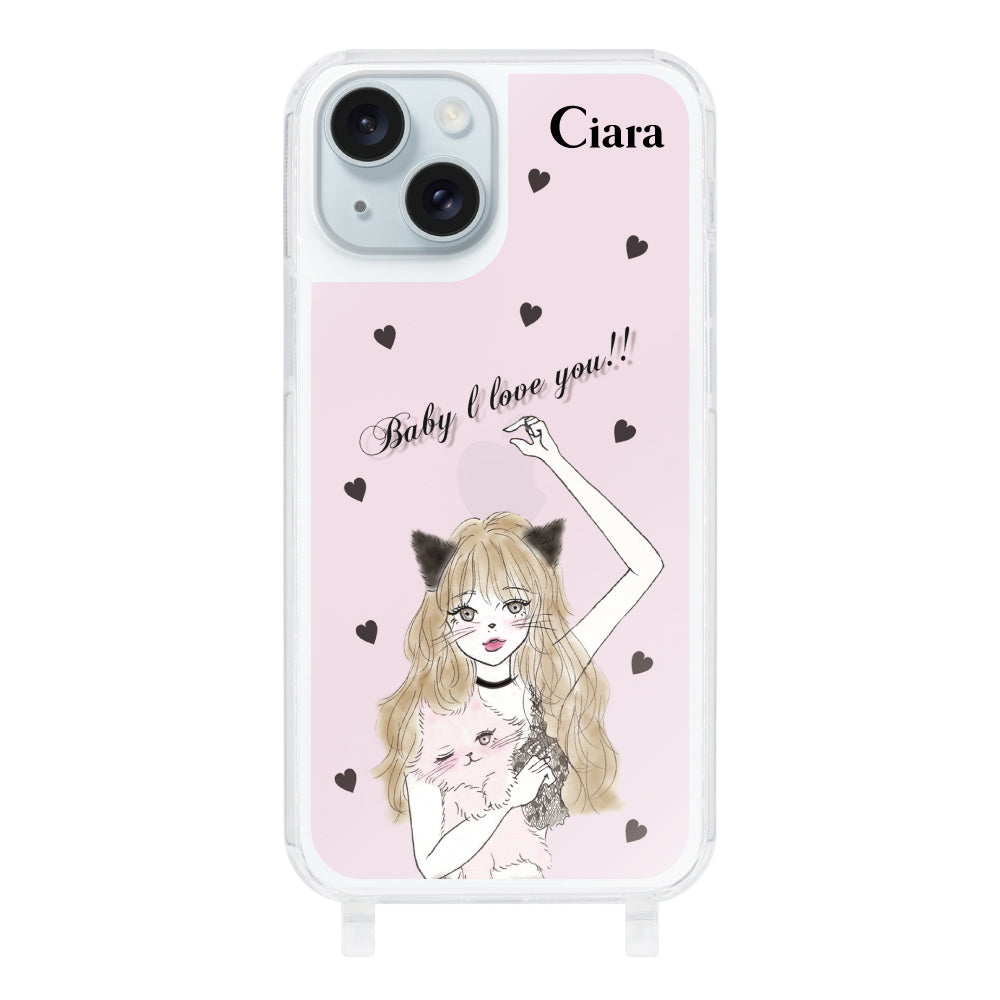 iPhone15Plusケース ストラップクリアケース ブラックキャットガール ピンク