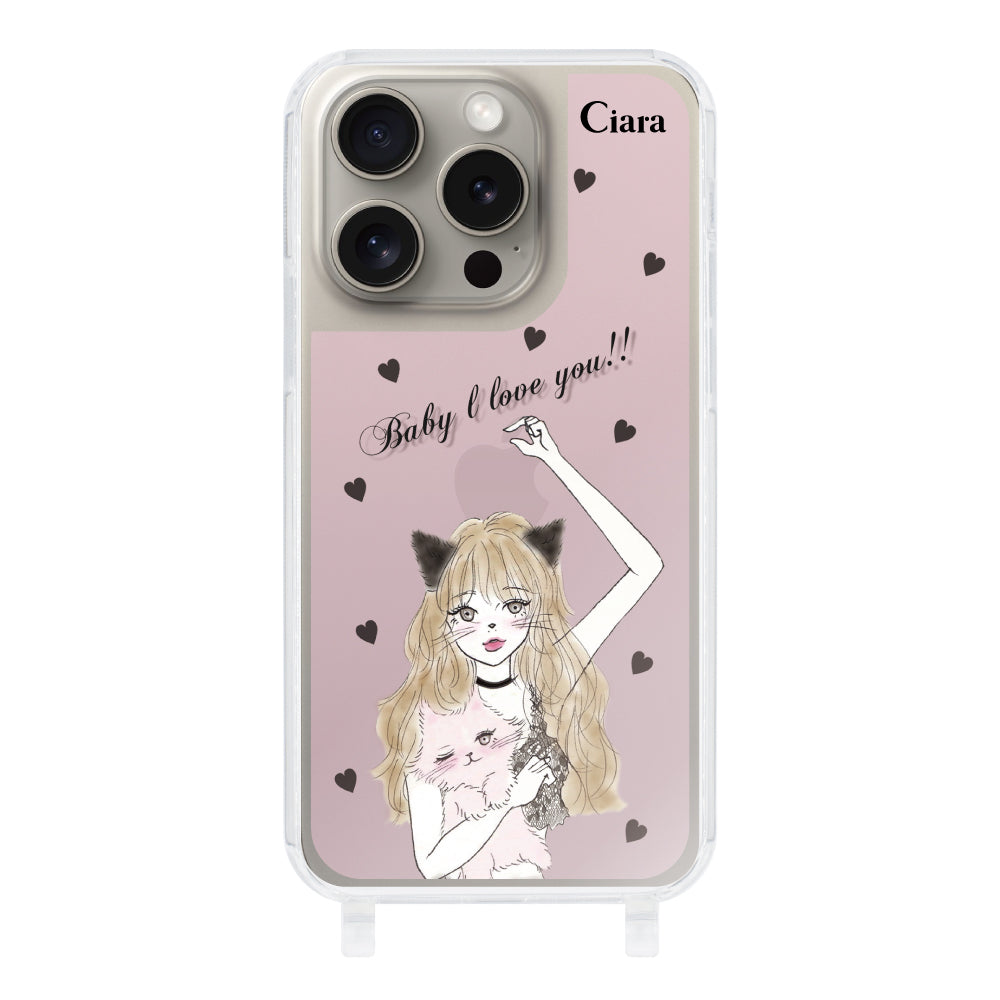 iPhone15Proケース ストラップクリアケース ブラックキャットガール ピンク
