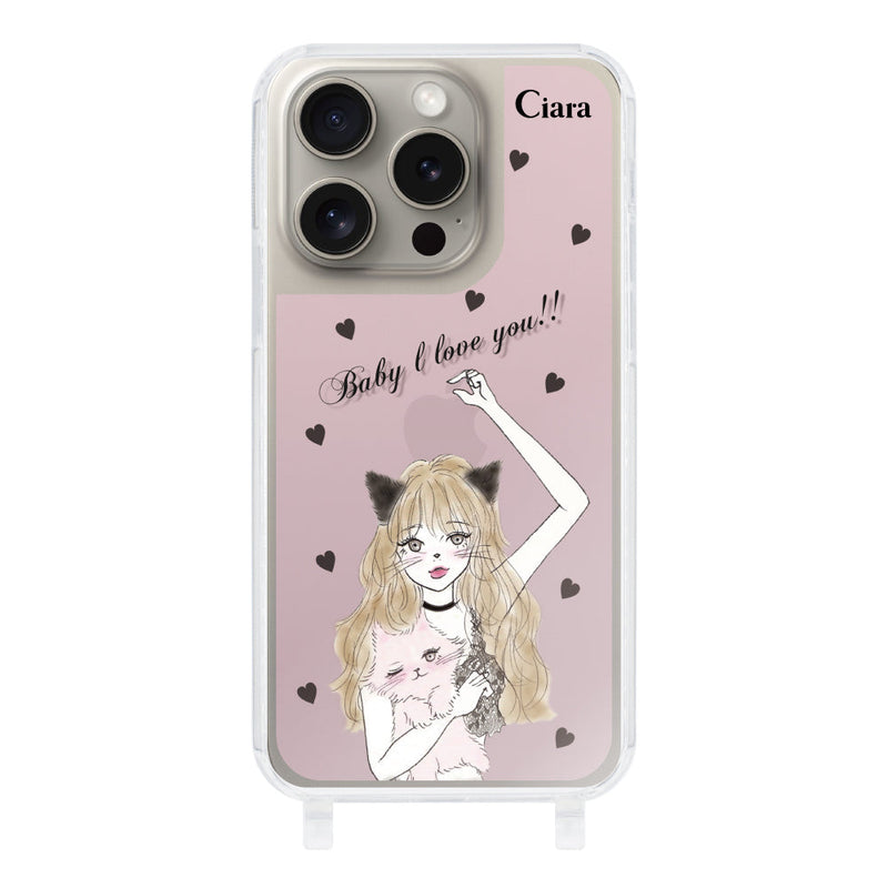 iPhoneケース ストラップクリアケース ブラックキャットガール