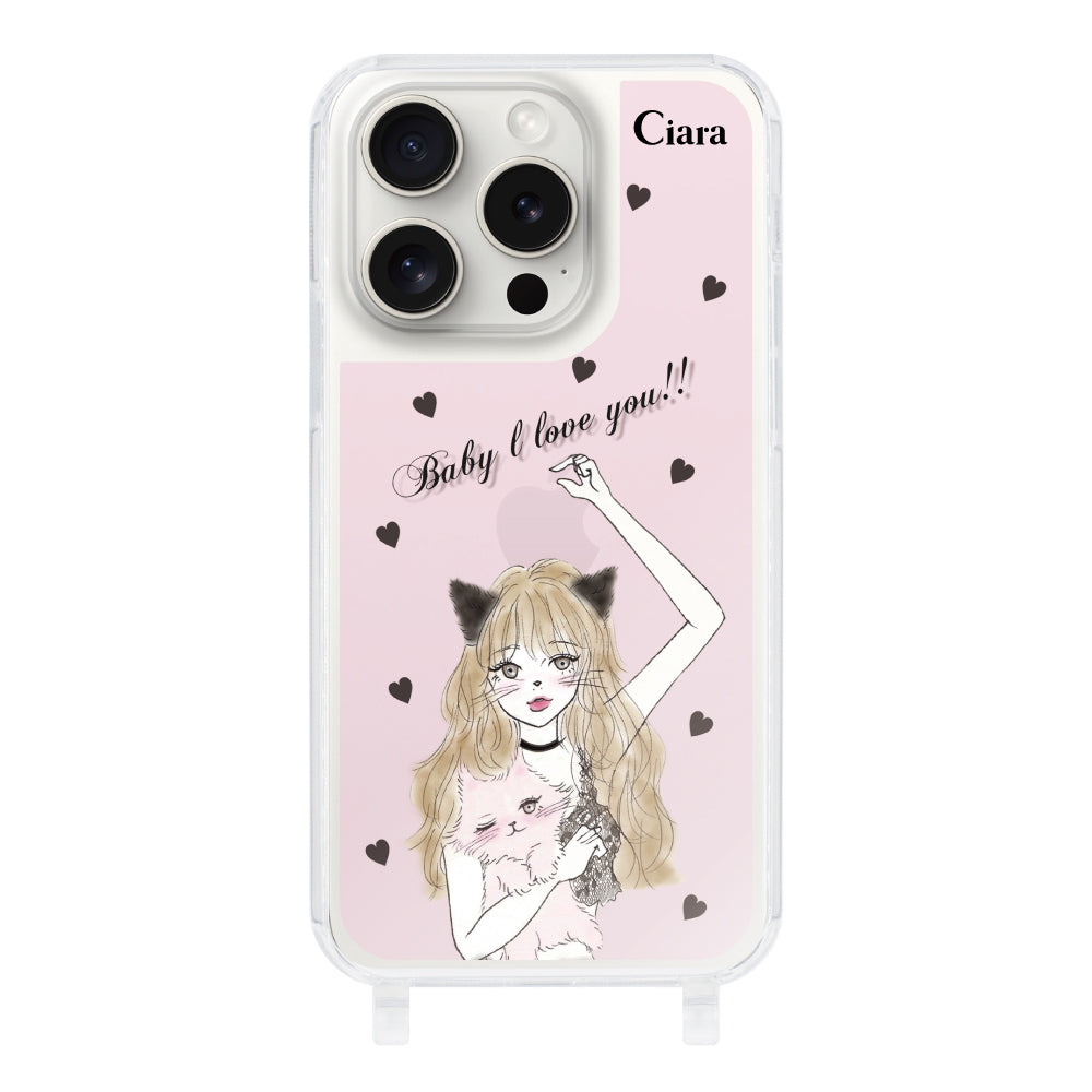 iPhone15ProMaxケース ストラップクリアケース ブラックキャットガール ピンク
