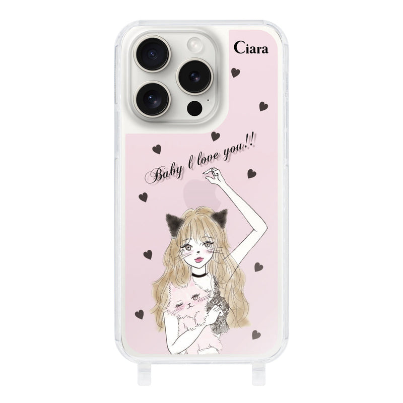 iPhoneケース ストラップクリアケース ブラックキャットガール