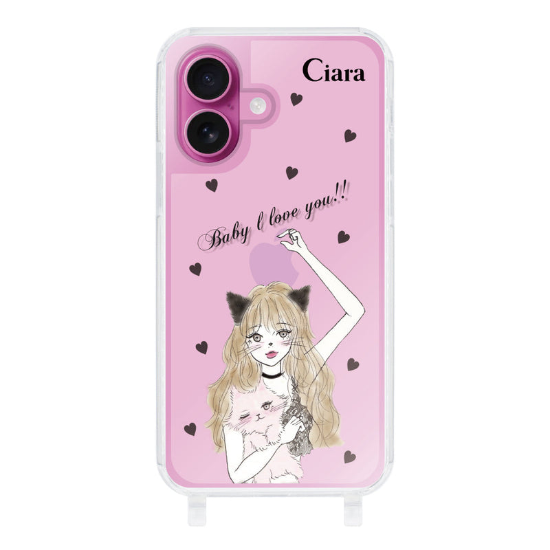 iPhoneケース ストラップクリアケース ブラックキャットガール