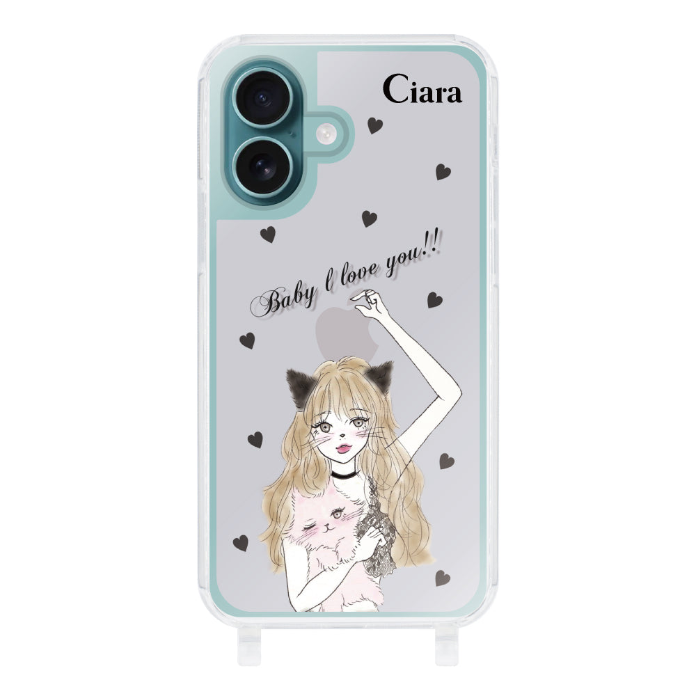 iPhone16Plusケース ストラップクリアケース ブラックキャットガール ピンク