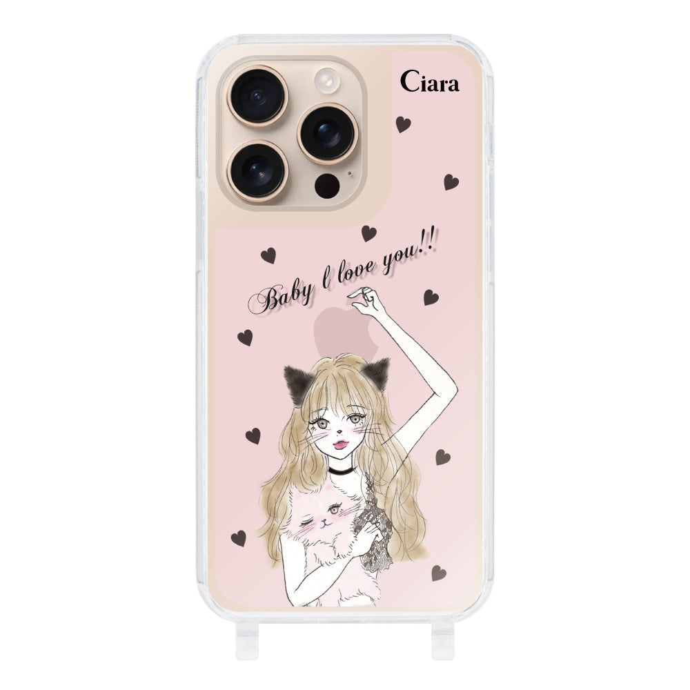 iPhone16Proケース ストラップクリアケース ブラックキャットガール ピンク
