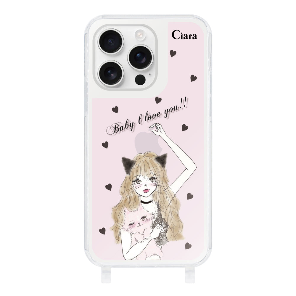 iPhone16ProMaxケース ストラップクリアケース ブラックキャットガール ピンク