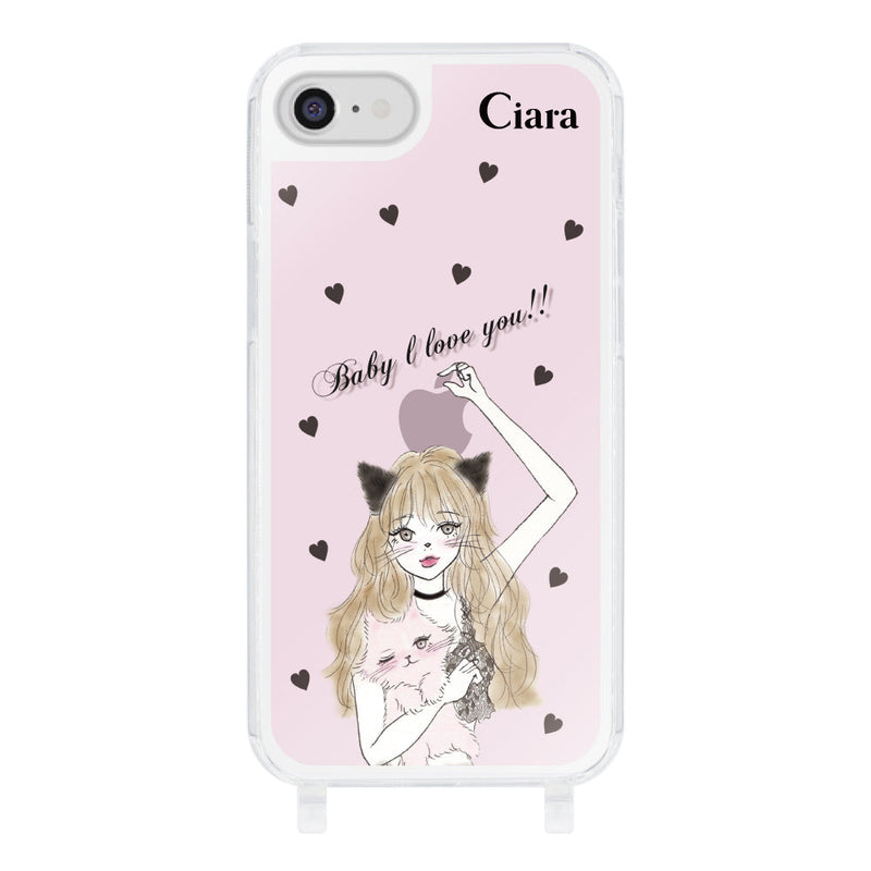 iPhoneケース ストラップクリアケース ブラックキャットガール