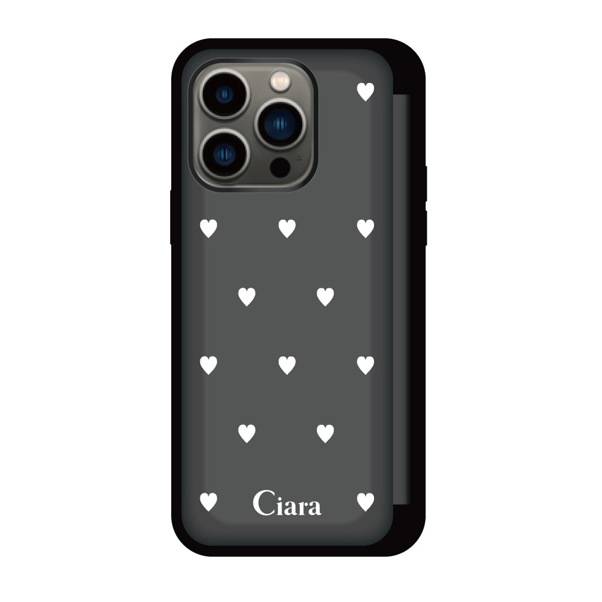 iPhone13Pro バックフリップカード収納ミラー付き カード収納ミラー付きケース スウィートハート ブラック