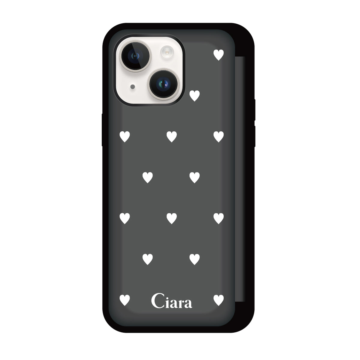 iPhone14/13 バックフリップカード収納ミラー付き カード収納ミラー付きケース スウィートハート ブラック