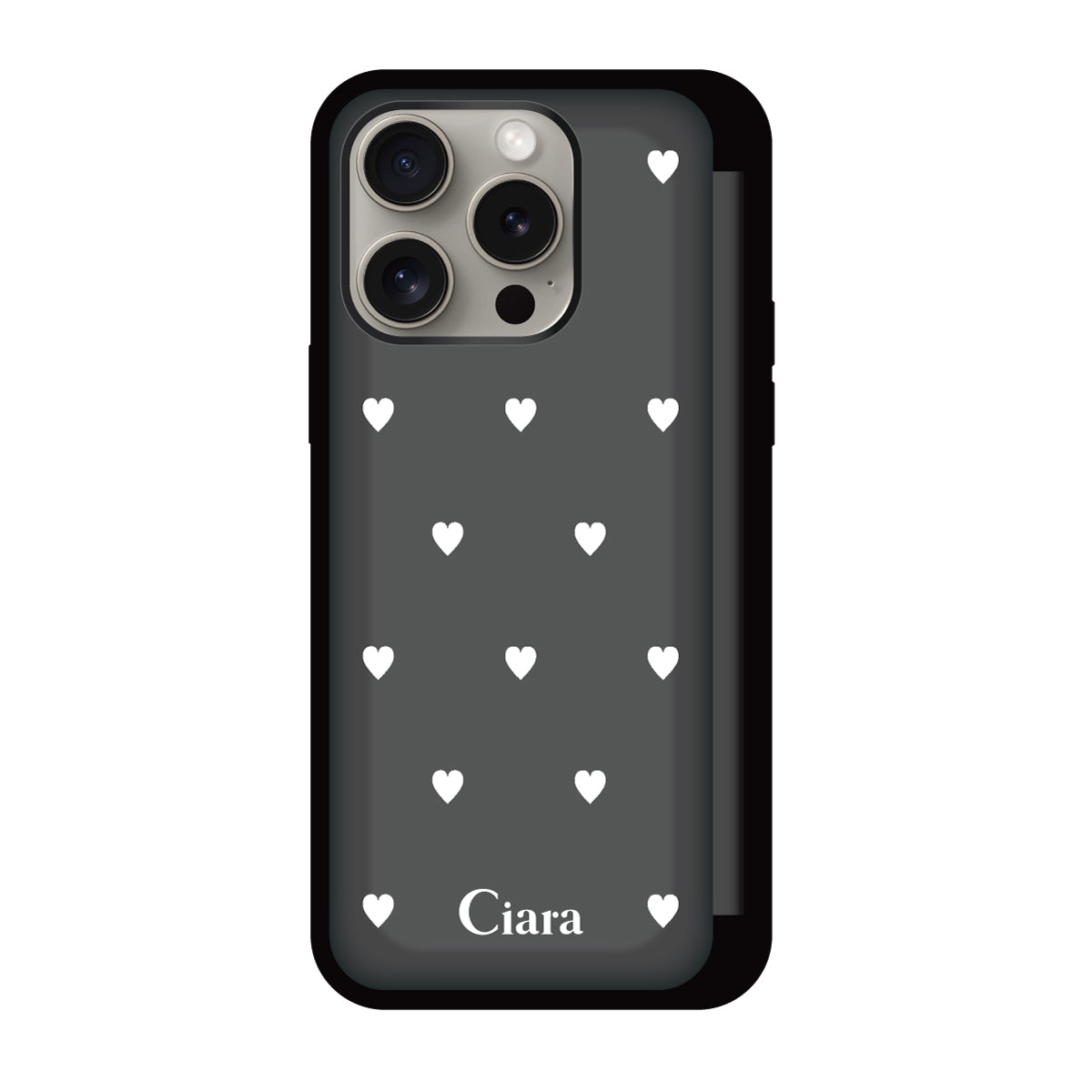 iPhone15Pro バックフリップカード収納ミラー付き カード収納ミラー付きケース スウィートハート ブラック