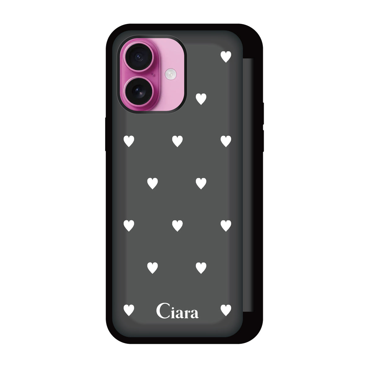 iPhone16Plus バックフリップカード収納ミラー付き カード収納ミラー付きケース スウィートハート ブラック