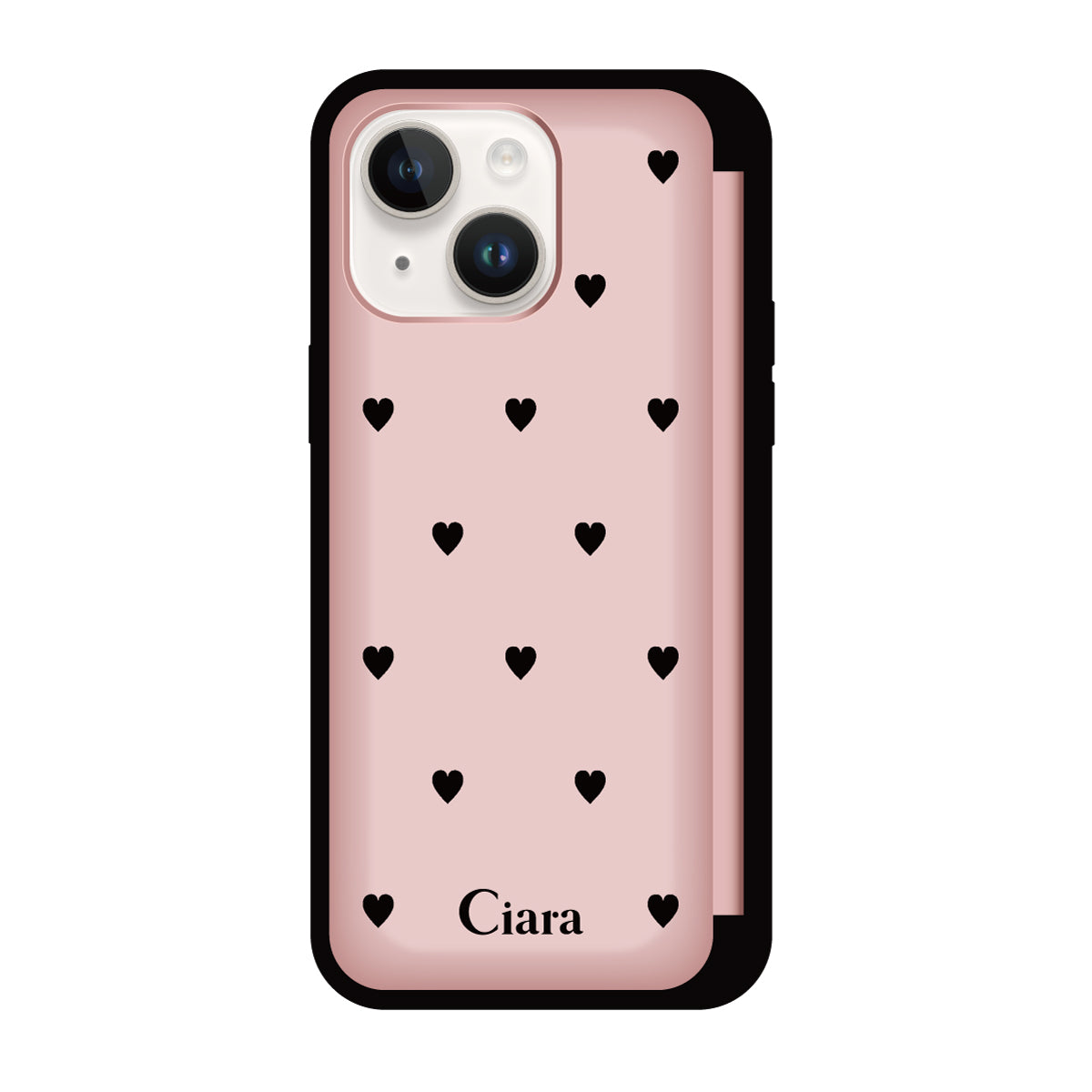 iPhone14/13 バックフリップカード収納ミラー付き カード収納ミラー付きケース スウィートハート ピンク