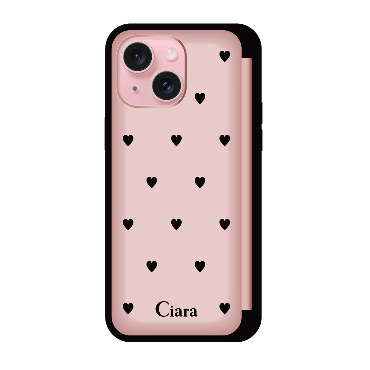 iPhone15 バックフリップカード収納ミラー付き カード収納ミラー付きケース スウィートハート ピンク