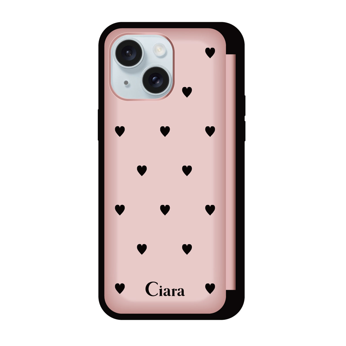 iPhone15Plus/14Plus バックフリップカード収納ミラー付き カード収納ミラー付きケース スウィートハート ピンク