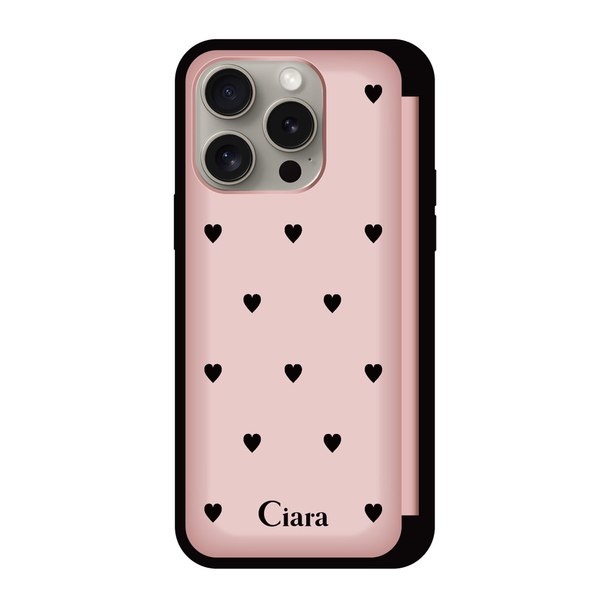 iPhone15Pro バックフリップカード収納ミラー付き カード収納ミラー付きケース スウィートハート ピンク