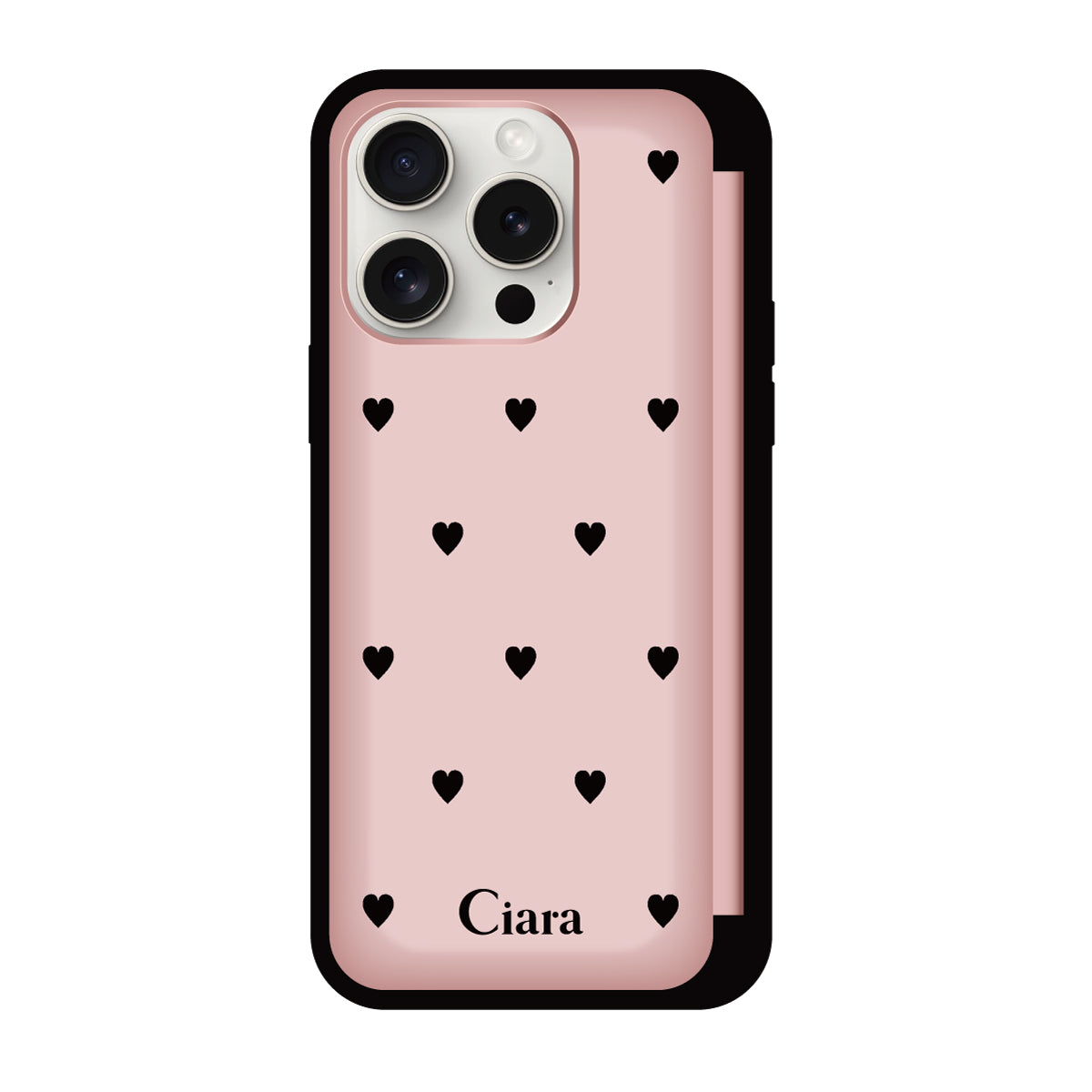 iPhone15ProMax バックフリップカード収納ミラー付き カード収納ミラー付きケース スウィートハート ピンク