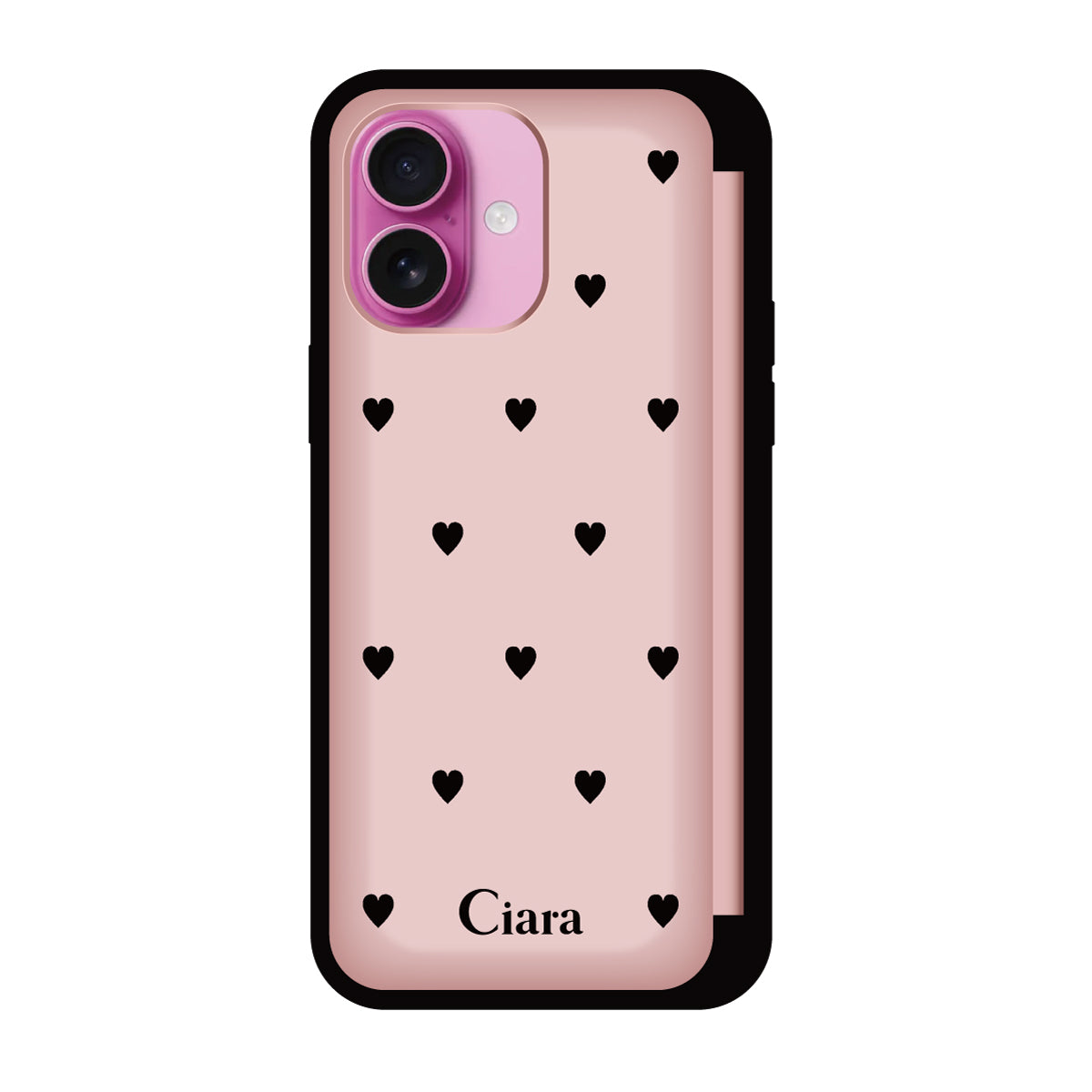 iPhone16Plus バックフリップカード収納ミラー付き カード収納ミラー付きケース スウィートハート ピンク