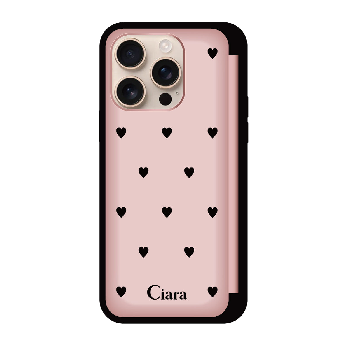 iPhone16Pro バックフリップカード収納ミラー付き カード収納ミラー付きケース スウィートハート ピンク