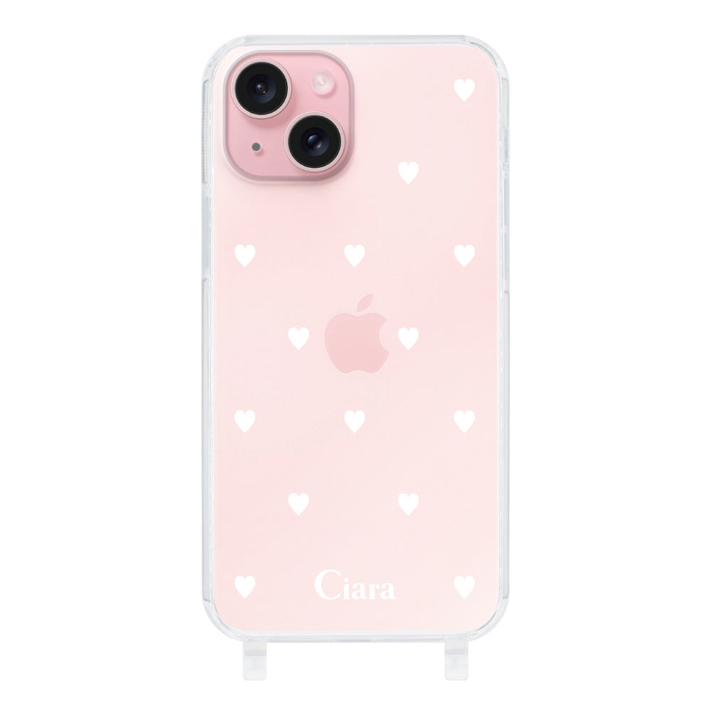 iPhone15 ストラップクリアケース スウィートハート ホワイト
